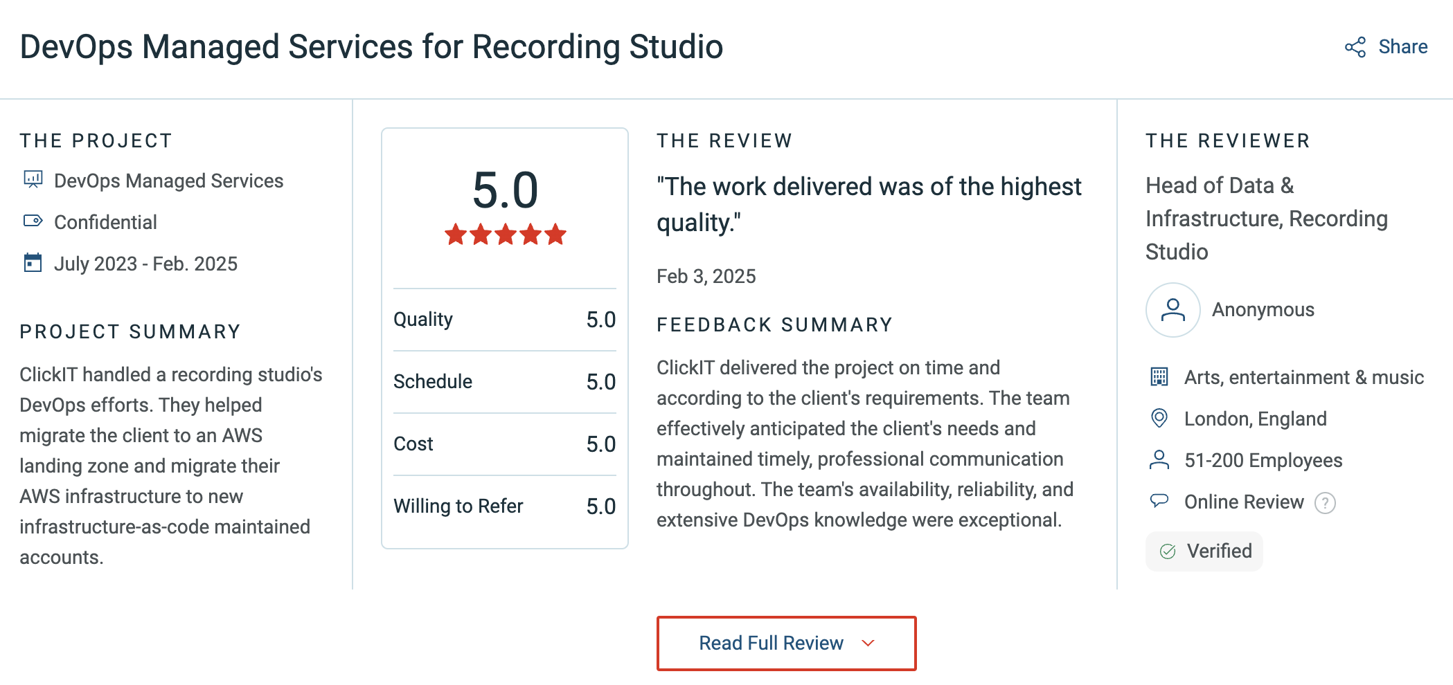 review of a music company for ClickIT's DevOps services